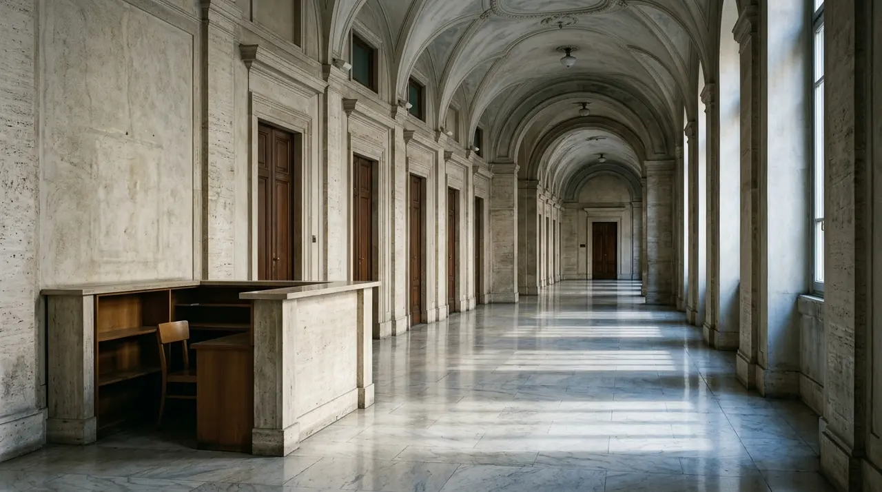 Sostegno alla moda: corridoio ministeriale deserto con uno sportello chiuso, immagine dei 100 milioni non ancora accessibili
