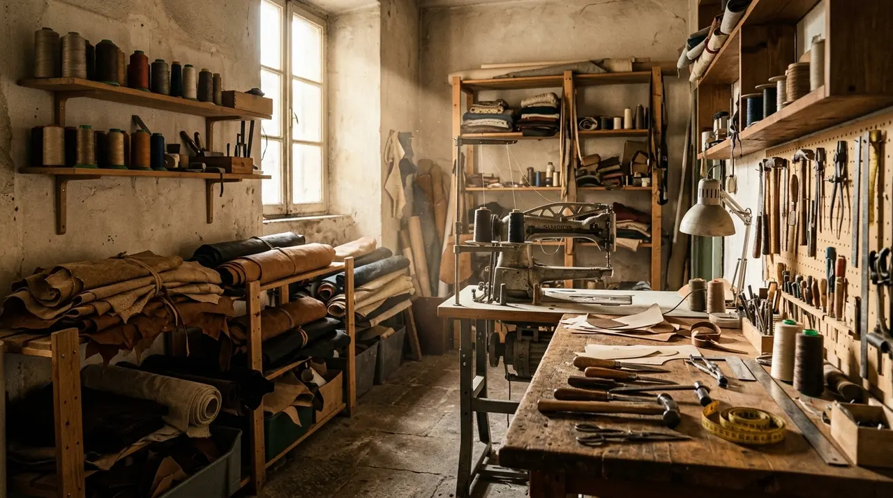 Sostegno alla moda: laboratorio artigianale di pelletteria italiano fermo, con banco da lavoro e macchina da cucire inattiva