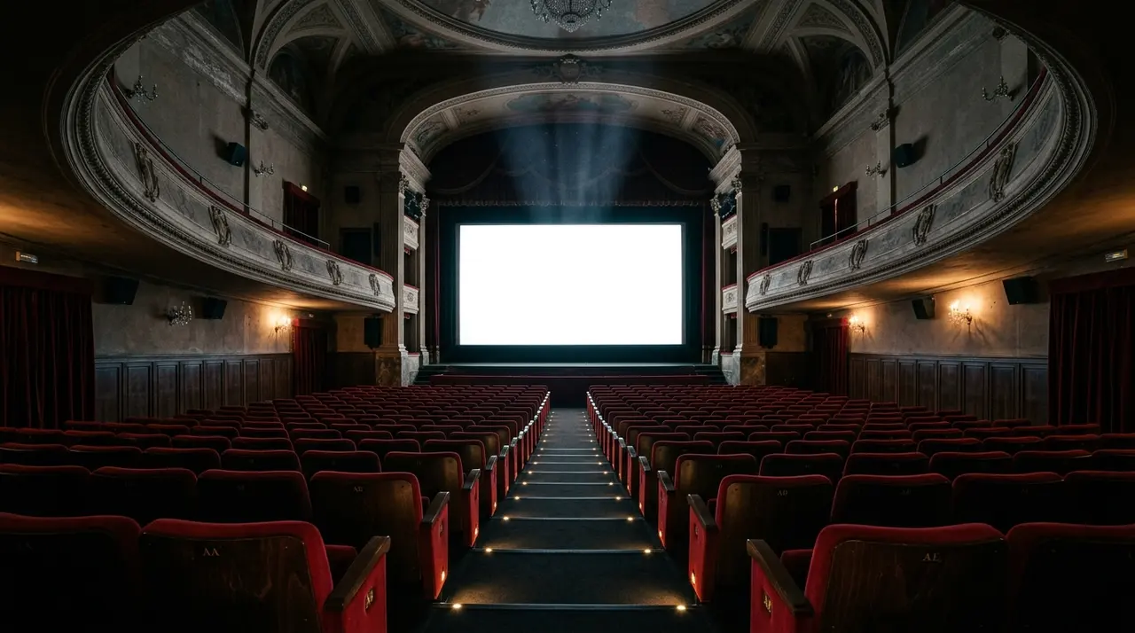 Sala cinematografica italiana vuota con schermo bianco illuminato