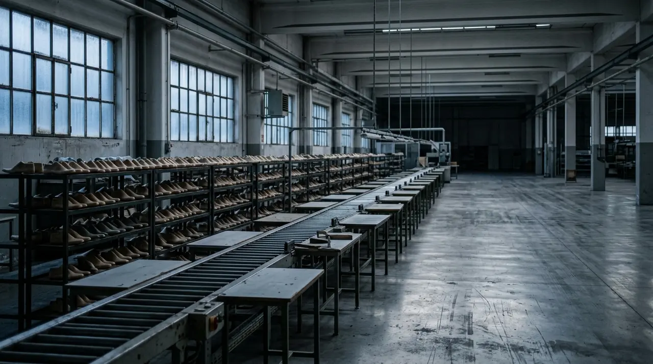 Linea di montaggio ferma in un calzaturificio italiano, immagine di apertura sul piano industriale Geox 2027-2029
