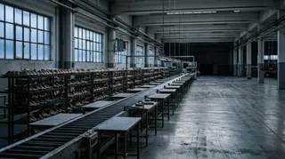 Linea di montaggio ferma in un calzaturificio italiano, immagine di apertura sul piano industriale Geox 2027-2029