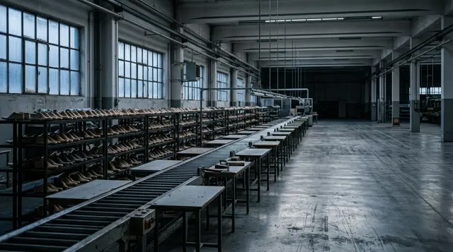 Linea di montaggio ferma in un calzaturificio italiano, immagine di apertura sul piano industriale Geox 2027-2029