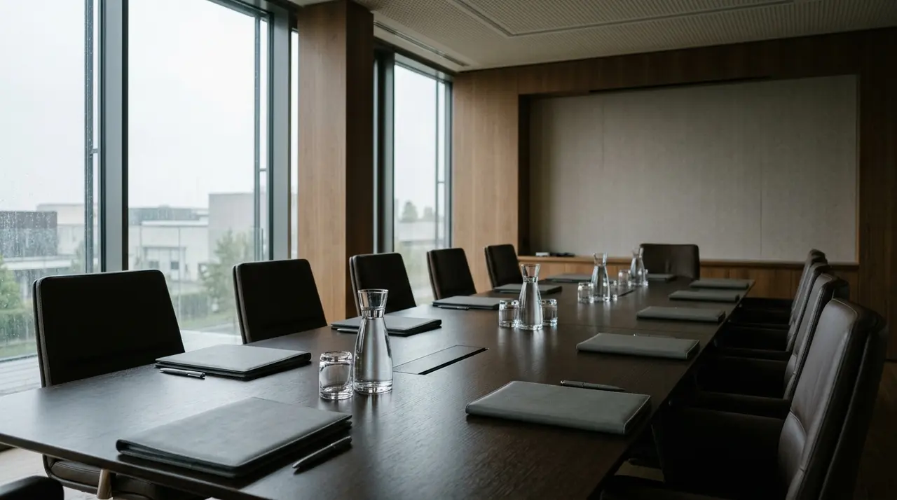 Sala del consiglio di amministrazione vuota, con nove sedie e fascicoli chiusi allineati sul tavolo