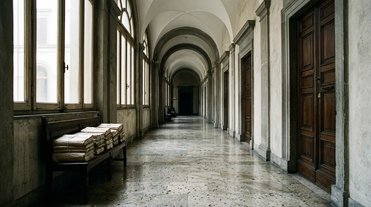 Rete suprematista minorenni: corridoio deserto di un tribunale italiano con fascicoli impilati su una panca