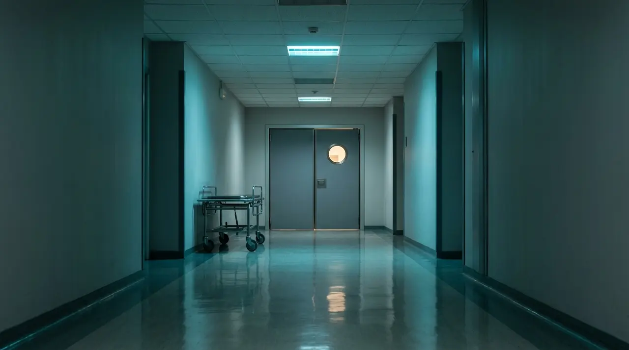 Corridoio notturno deserto di un reparto di terapia intensiva con barella vuota e porte chiuse