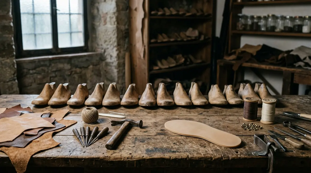Sneaker made in China: banco da calzolaio con forme in legno e suola grezza in un laboratorio artigiano toscano