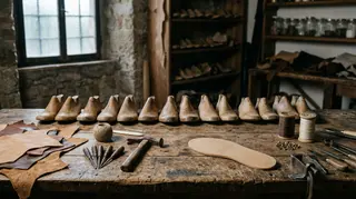 Sneaker made in China: banco da calzolaio con forme in legno e suola grezza in un laboratorio artigiano toscano