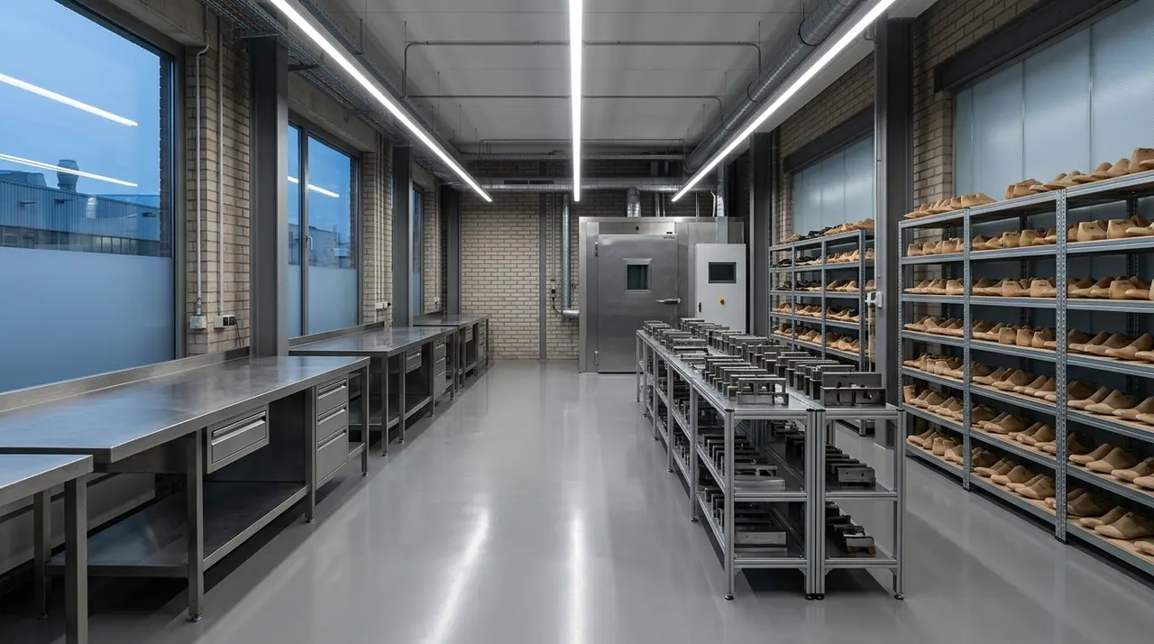 Laboratorio di prototipia calzaturiera con tavoli in acciaio, scaffali di forme in legno e camera climatica di prova