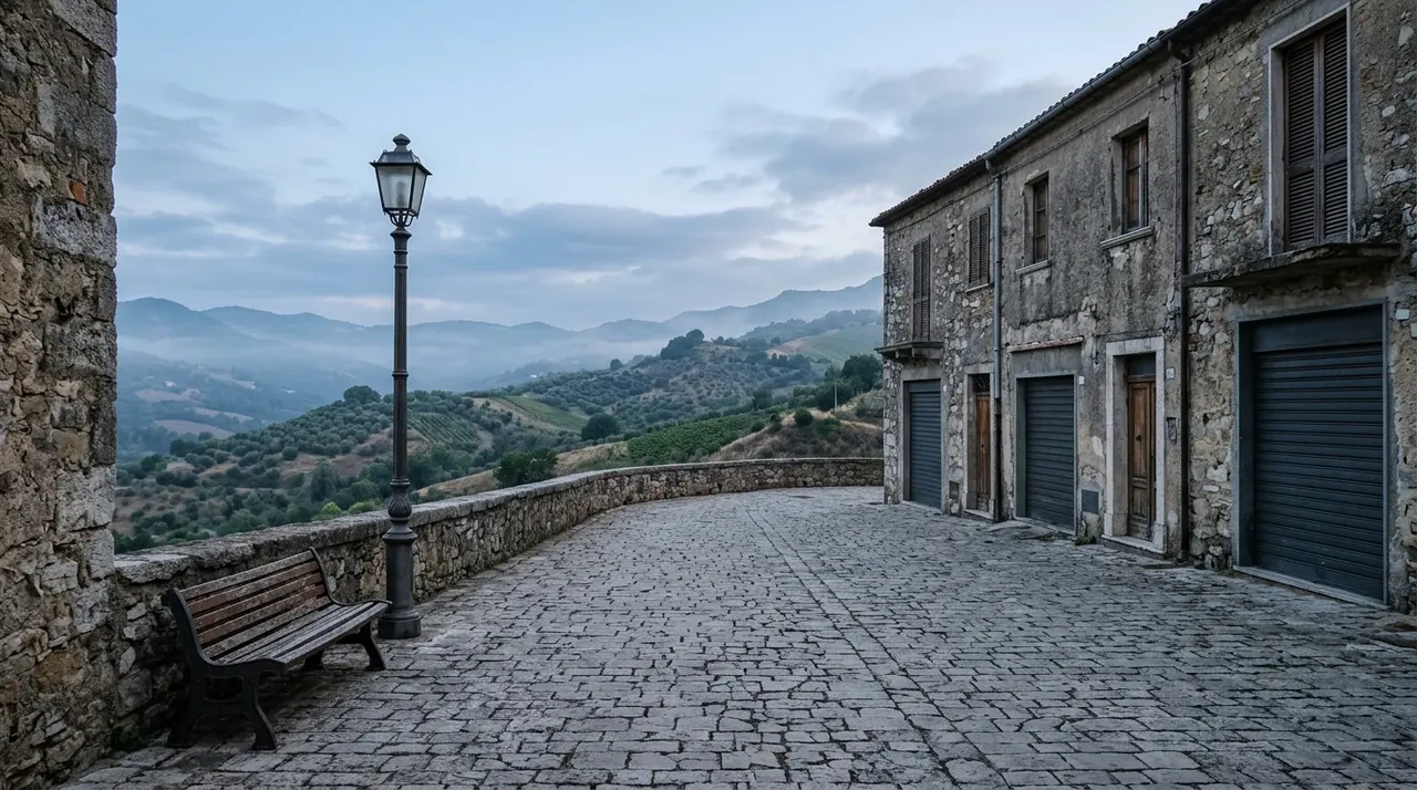 Piazza deserta all'alba in un comune interno della Locride, dove l'affluenza e' scesa sotto il 10 per cento