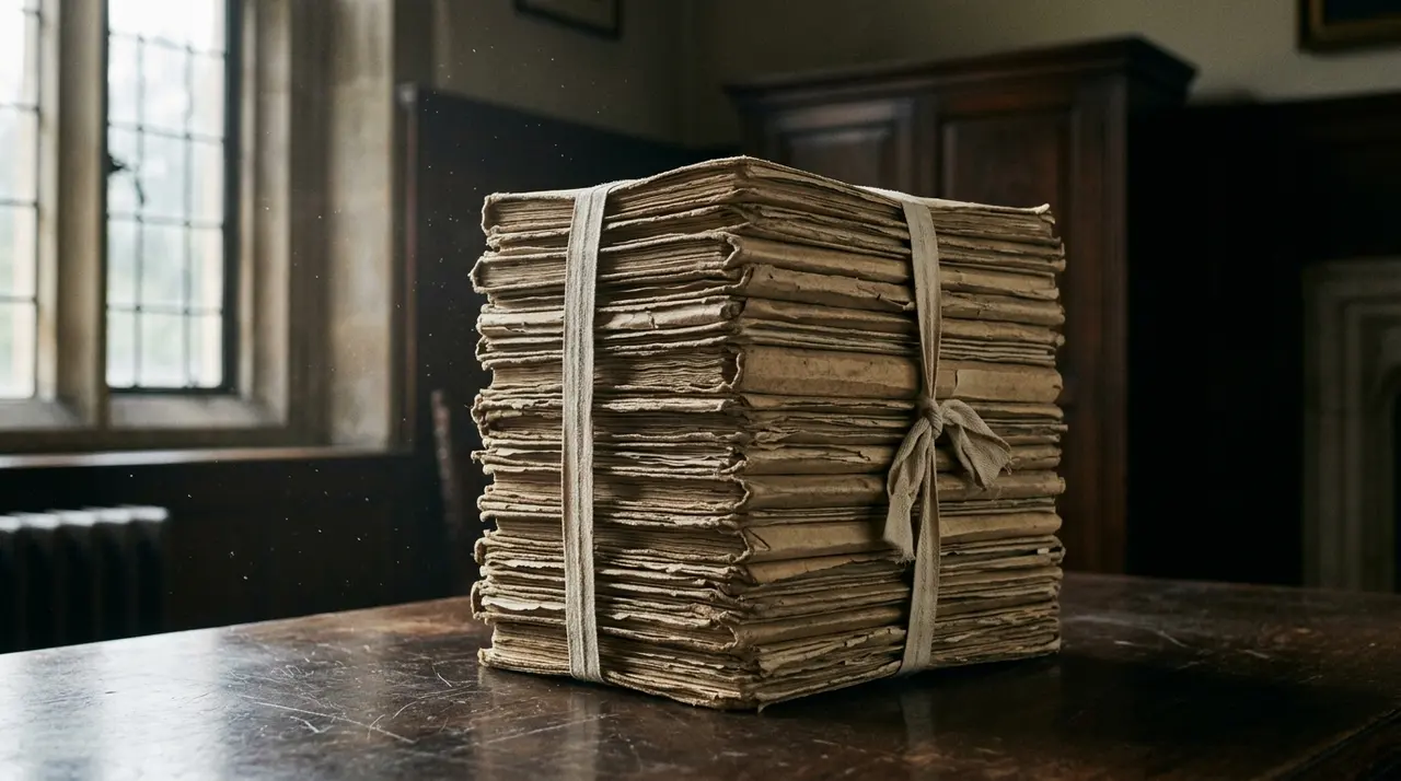Faldoni d'archivio ingialliti legati con fettuccia su un tavolo di legno scuro in un ufficio ministeriale