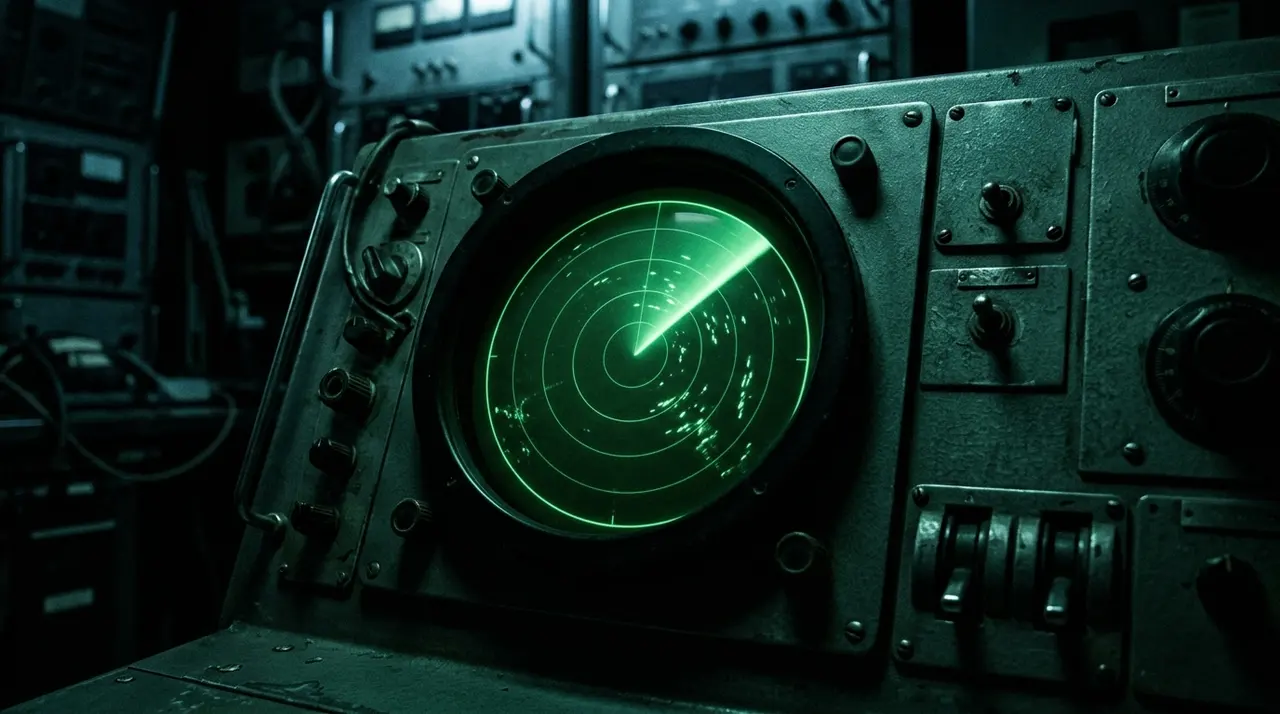 Schermo radar analogico verde con traccia di scansione in una sala controllo degli anni Ottanta