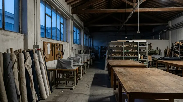 Gruppo Aeffe: laboratorio romagnolo di prêt-à-porter e calzature fermo al crepuscolo, tavoli da taglio vuoti, macchine da cucire coperte e forme da scarpa sugli scaffali