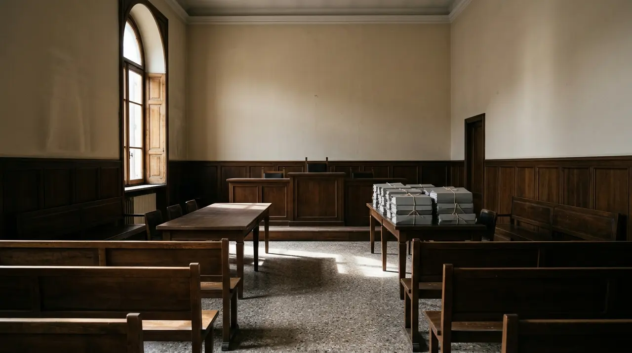 Aula di tribunale civile italiana deserta con faldoni legati sul banco: il provvedimento del Tribunale di Bologna che ha respinto le misure cautelari