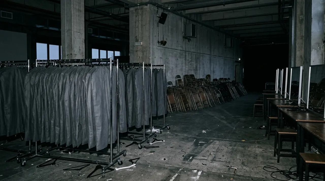 Backstage di sfilata deserto a luci spente, stender con abiti coperti da teli grigi e sedie impilate dopo la Milano Fashion Week