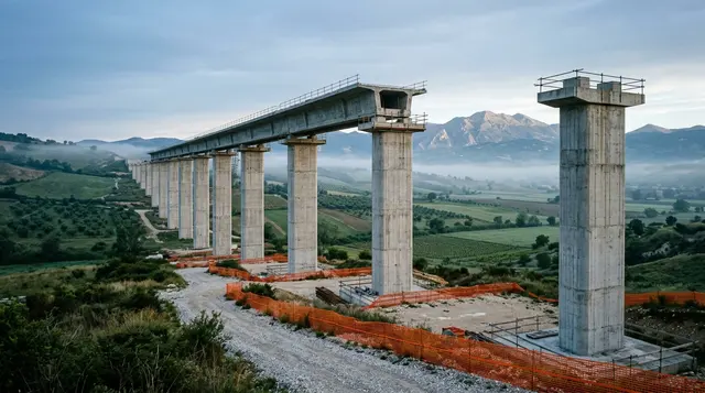 Tav Napoli-Bari: viadotto ferroviario in costruzione in una valle dell'Appennino campano all'alba