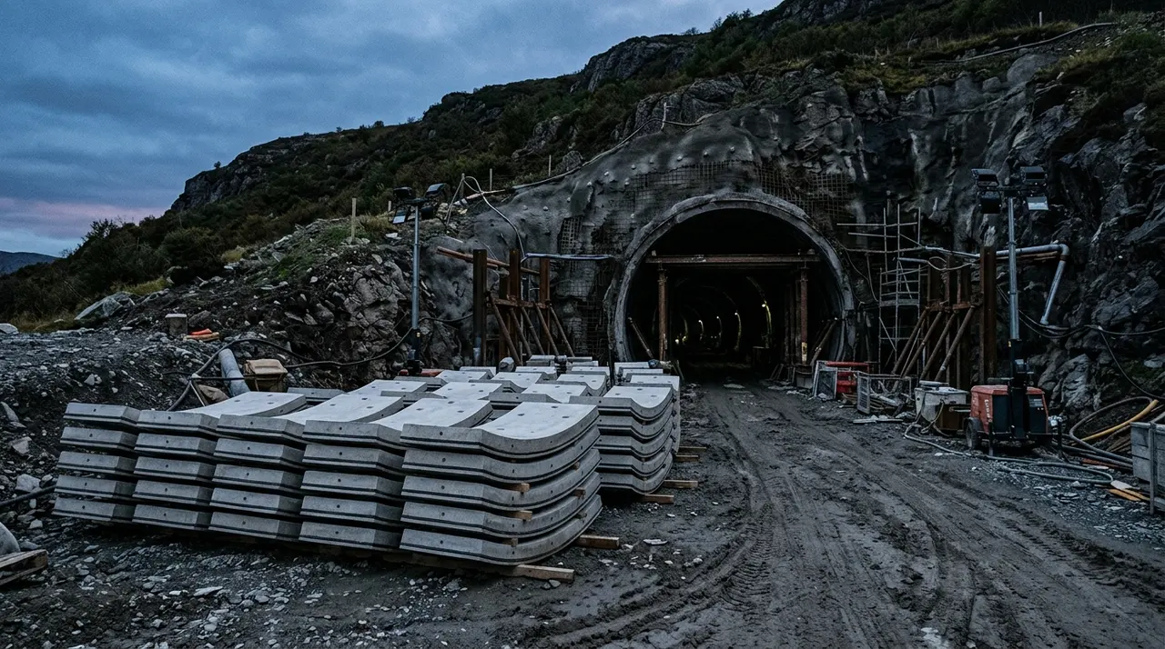 Imbocco di galleria ferroviaria in costruzione con conci di rivestimento in calcestruzzo impilati al crepuscolo