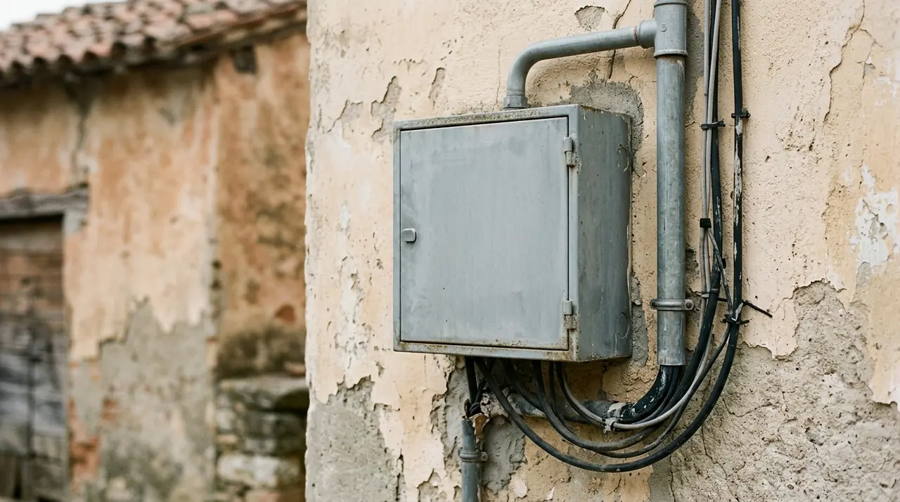 Quadro elettrico su un muro scrostato di un edificio residenziale italiano, simbolo della fornitura ai clienti vulnerabili