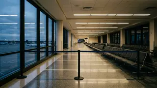 Corridoio di imbarco aeroportuale deserto con barriera chiusa, simbolo della proroga Schengen dei controlli con la Spagna