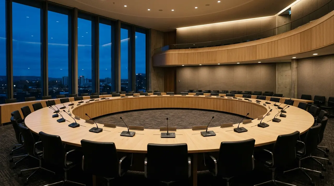 Sala del Consiglio europeo vuota con tavolo circolare e microfoni, dove si discute la proroga Schengen