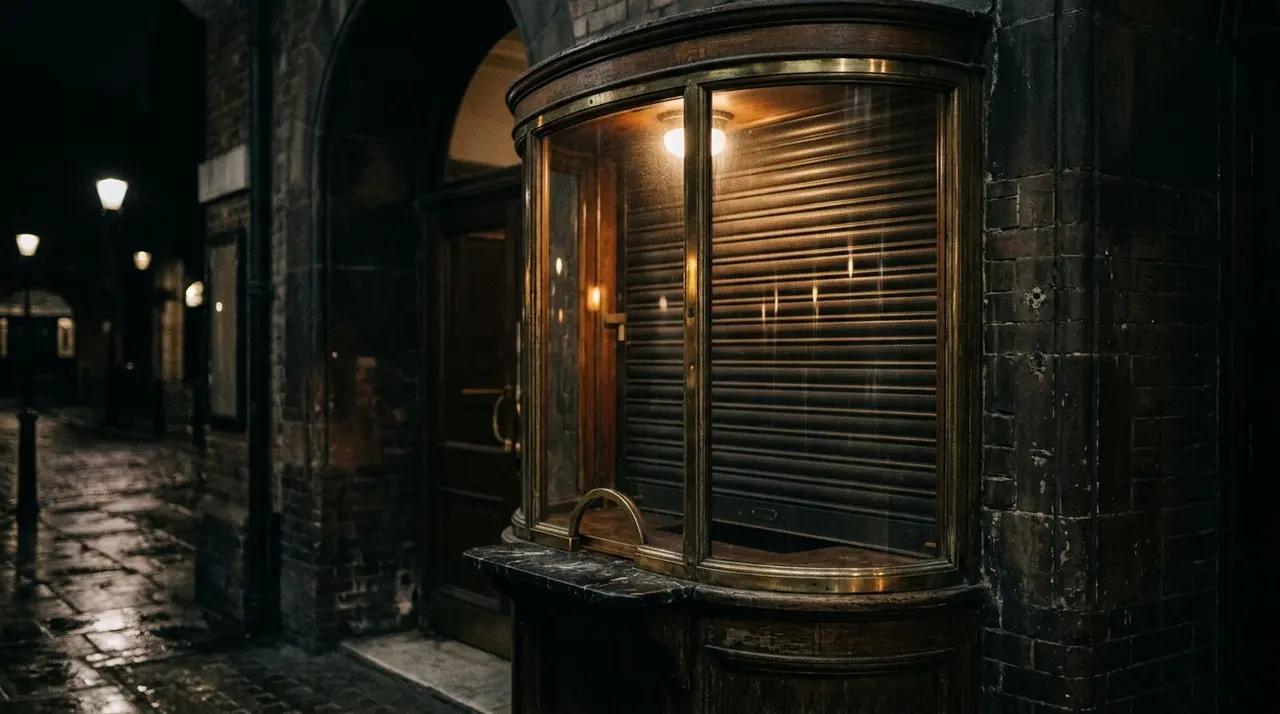 Biglietteria di un cinema chiusa la sera, saracinesca abbassata dietro il vetro della cassa