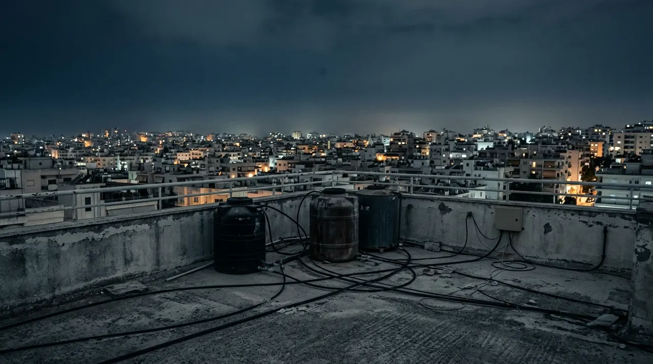Terrazzo di un palazzo di notte con serbatoi d'acqua e lo skyline urbano illuminato sullo sfondo