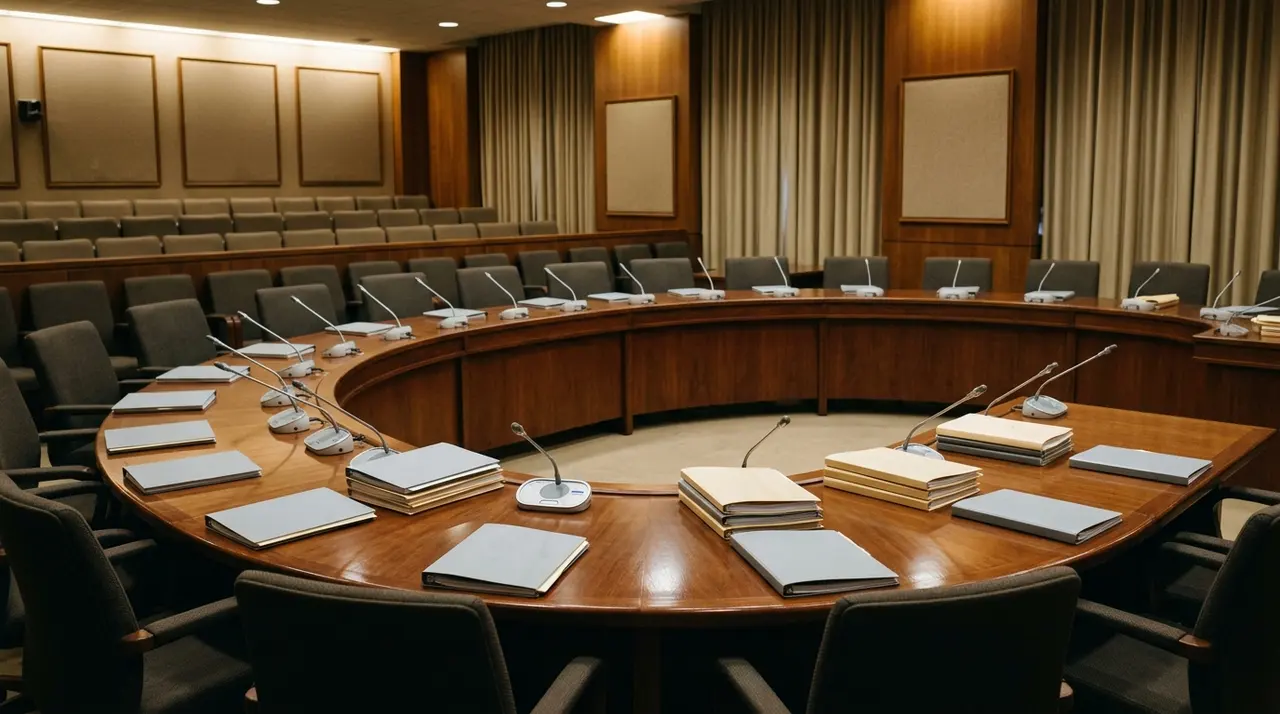 Sala di commissione parlamentare deserta con banchi a ferro di cavallo e microfoni, dove la Camera esamina la ratifica del memorandum di difesa con l'Egitto