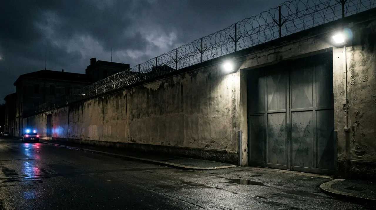 Muro di cinta del carcere di Pisa Don Bosco illuminato di notte durante la rivolta
