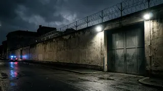 Muro di cinta del carcere di Pisa Don Bosco illuminato di notte durante la rivolta