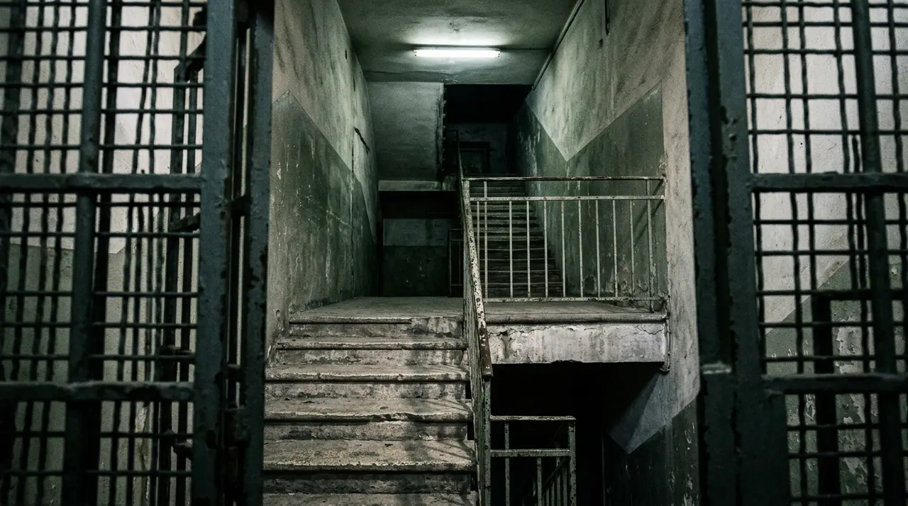 Scala di collegamento fra i piani vista attraverso un'inferriata nel carcere di Pisa