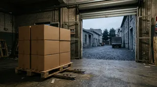 Scatole di export calzaturiero su un pallet nella baia di carico di un calzaturificio italiano