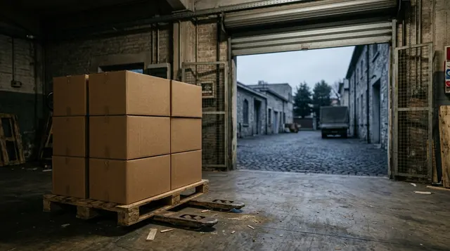 Scatole di export calzaturiero su un pallet nella baia di carico di un calzaturificio italiano