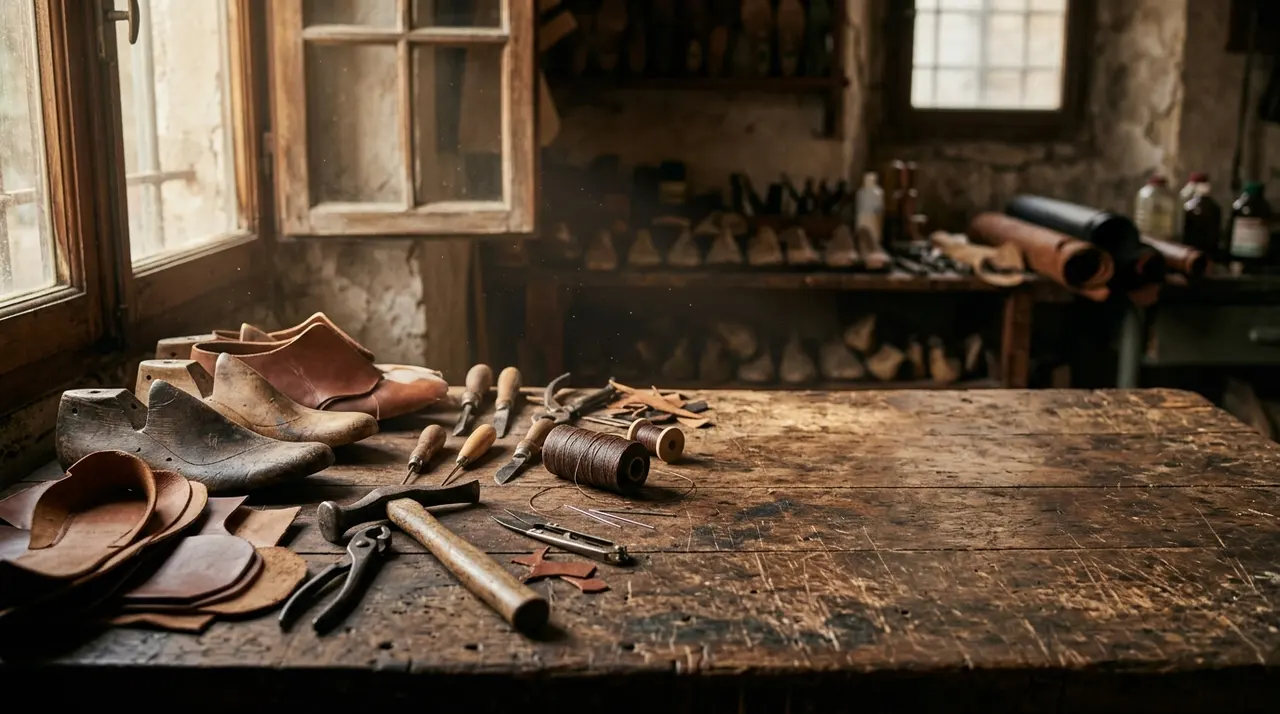 Banco da lavoro di un calzaturificio con forme in legno e tomaie in pelle, meta del piano vuoto, export calzaturiero in calo