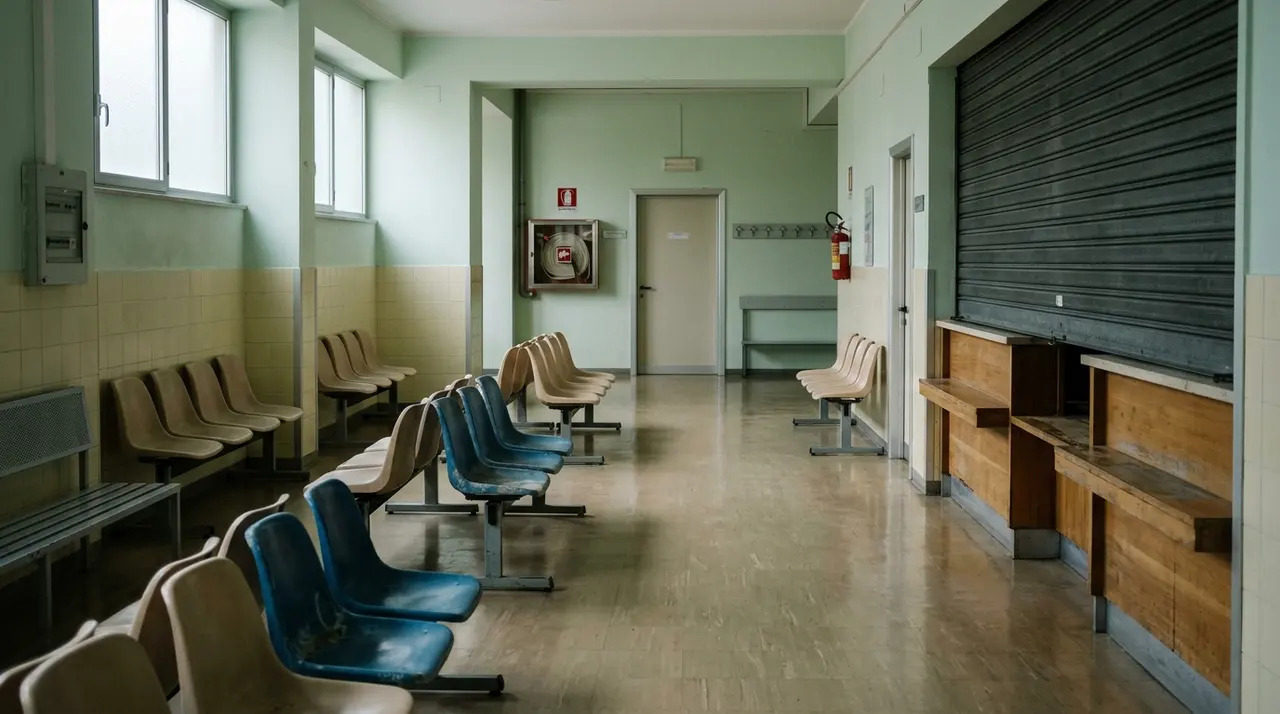 Nuovi LEA: la sala di attesa deserta di un ambulatorio ospedaliero italiano con lo sportello chiuso