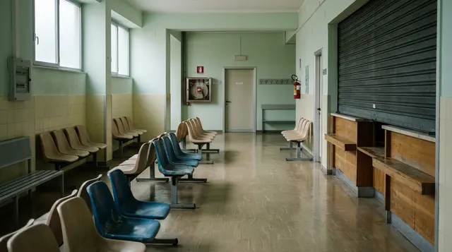Nuovi LEA: la sala di attesa deserta di un ambulatorio ospedaliero italiano con lo sportello chiuso