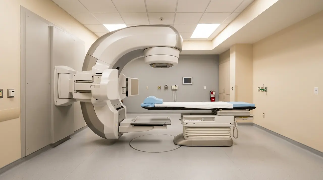 Acceleratore lineare per radioterapia con lettino di trattamento in una sala ospedaliera vuota