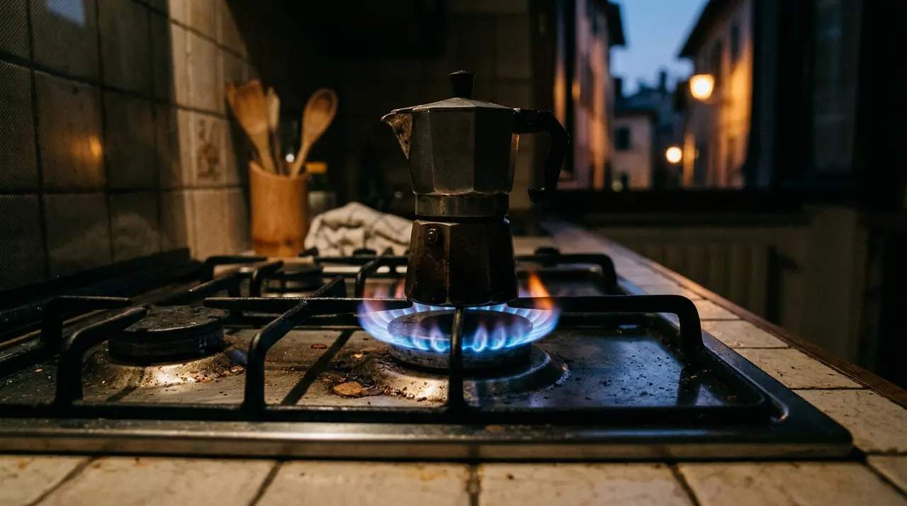 Fornello a gas acceso in una cucina italiana al tramonto, il caro energia che spinge l'inflazione al 4,2 per cento