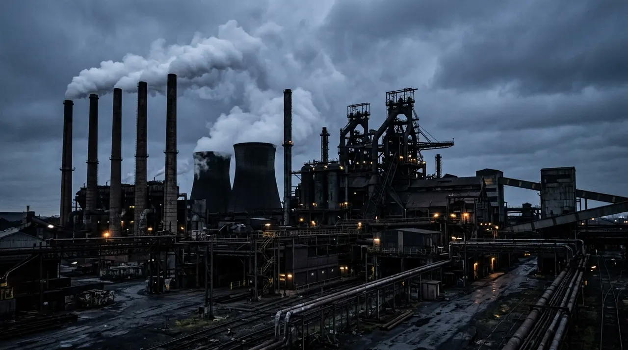 Impianto siderurgico al crepuscolo con ciminiere fumanti, i settori energivori esposti al costo delle quote ETS
