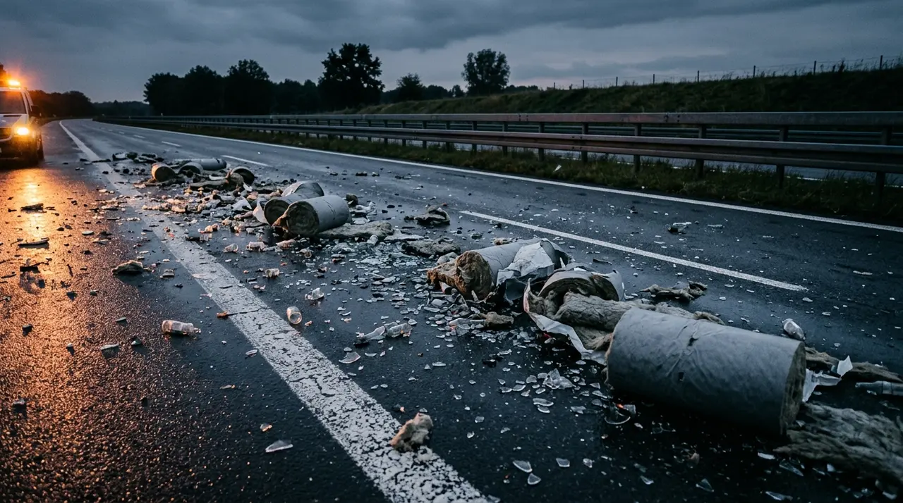 Bottiglie di vetro rotte e rotoli di materiale isolante dispersi sull asfalto della A4 dopo lo schianto tra i tre mezzi pesanti
