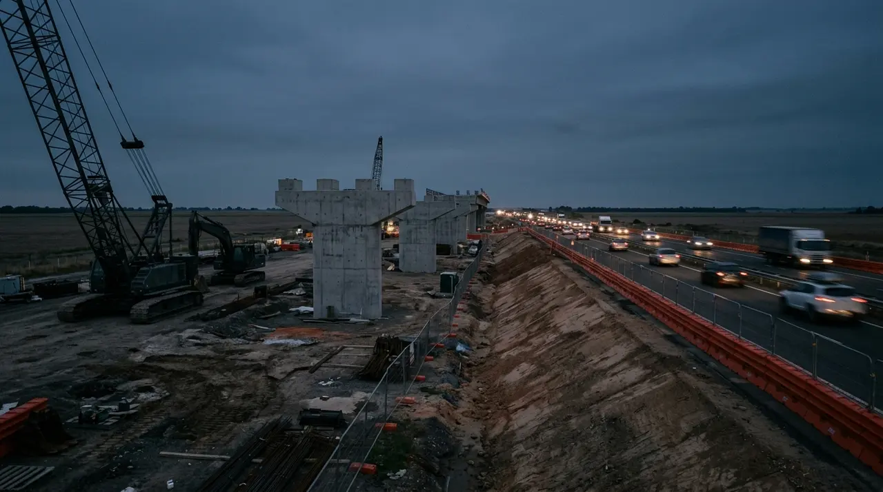 Cantiere di allargamento autostradale con le pile in cemento di un nuovo cavalcavia accanto alla carreggiata a due corsie della A4