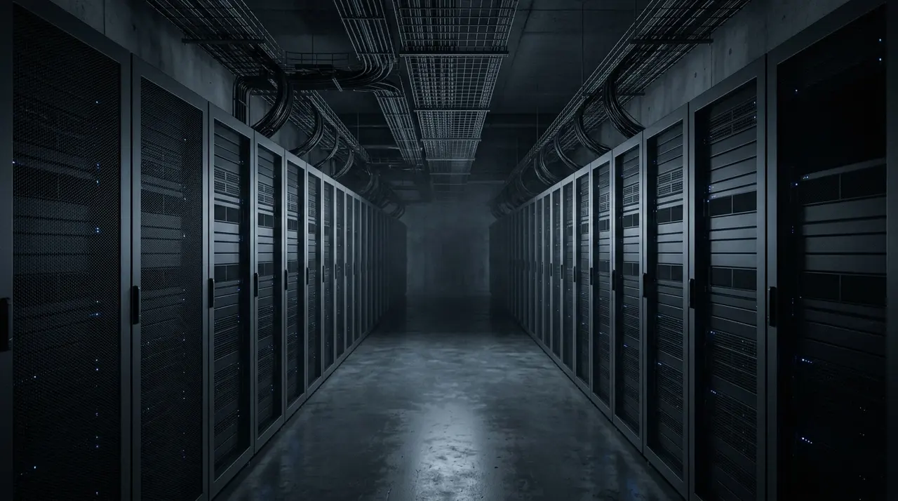 Corridoio di un data center con armadi rack in penombra, immagine della banca dati sanitaria longitudinale contestata dal Garante