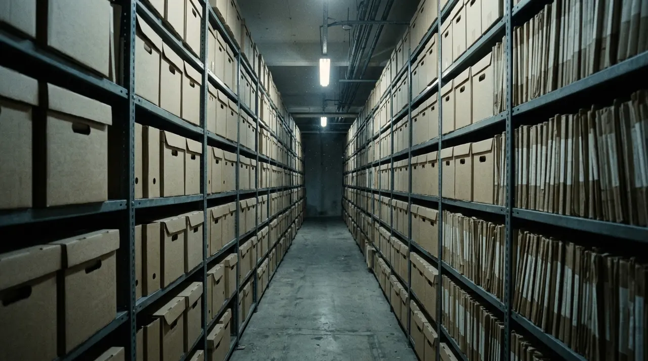 Archivio con scaffalature metalliche e scatole di documenti, simbolo dei dati clinici conservati senza termine dal 2001