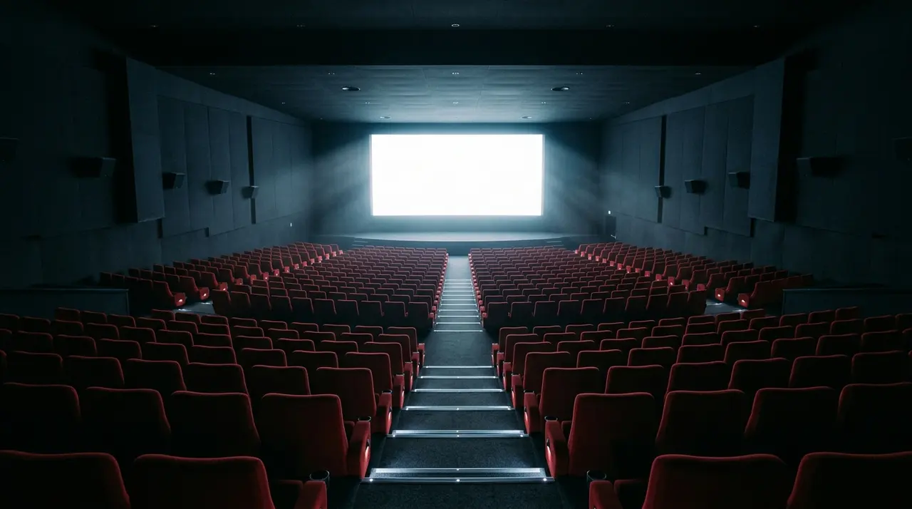Sala cinematografica vuota con schermo acceso, simbolo degli obblighi di programmazione della fusione Skydance