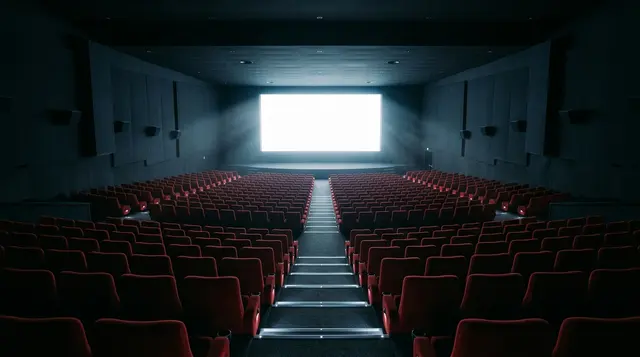 Sala cinematografica vuota con schermo acceso, simbolo degli obblighi di programmazione della fusione Skydance