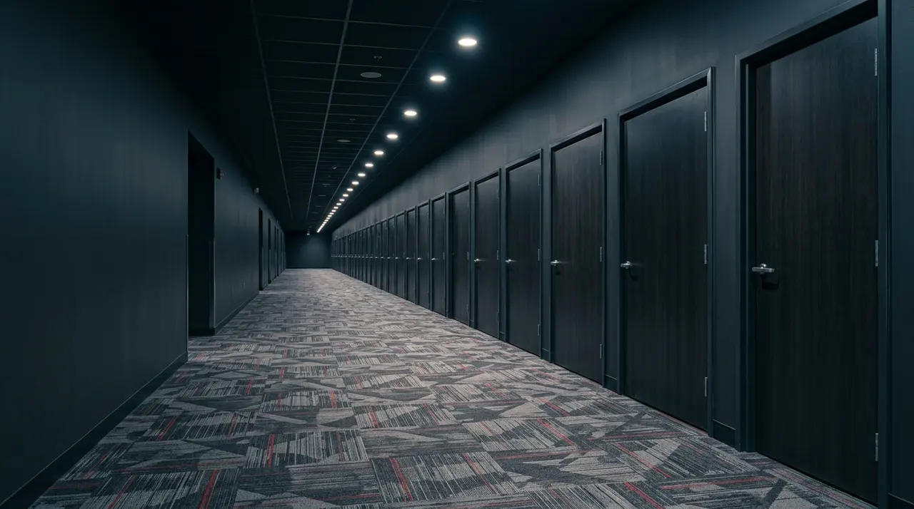 Corridoio di un multiplex con la fila delle porte delle sale chiuse, il perimetro su cui incide la fusione Skydance
