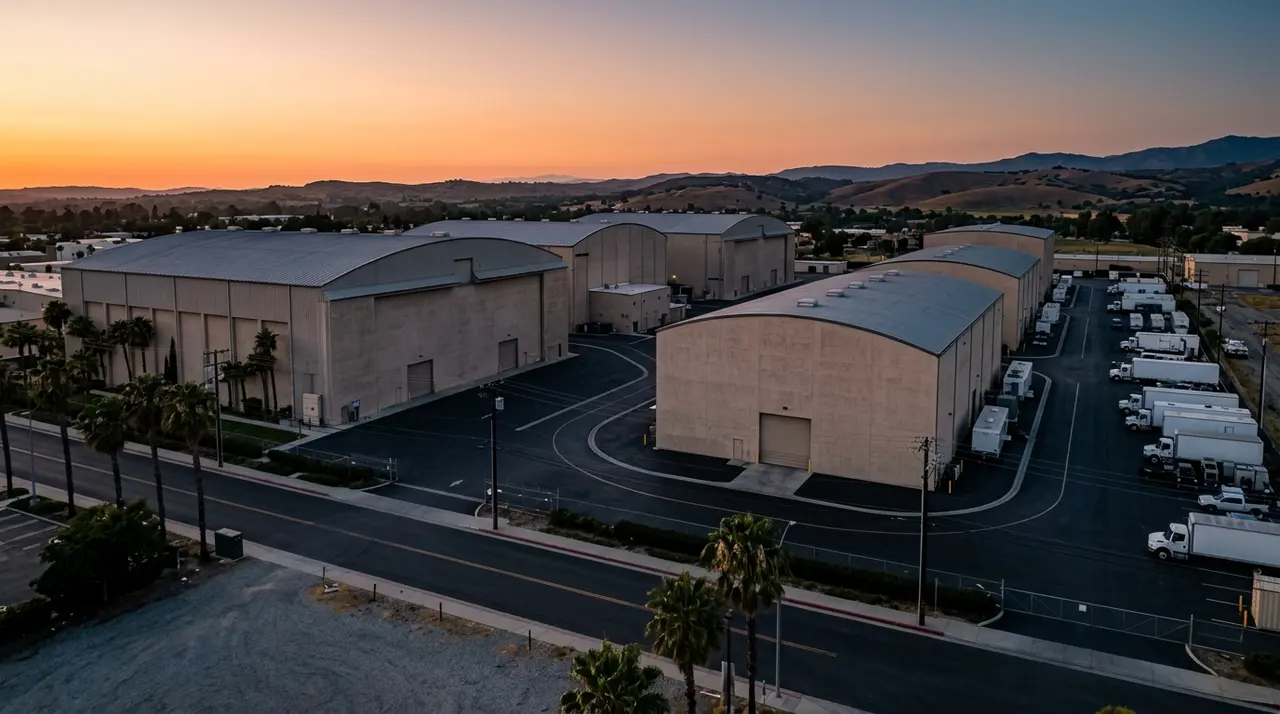 Teatri di posa di uno studio cinematografico al tramonto, i lotti che la fusione Skydance non puo vendere per cinque anni