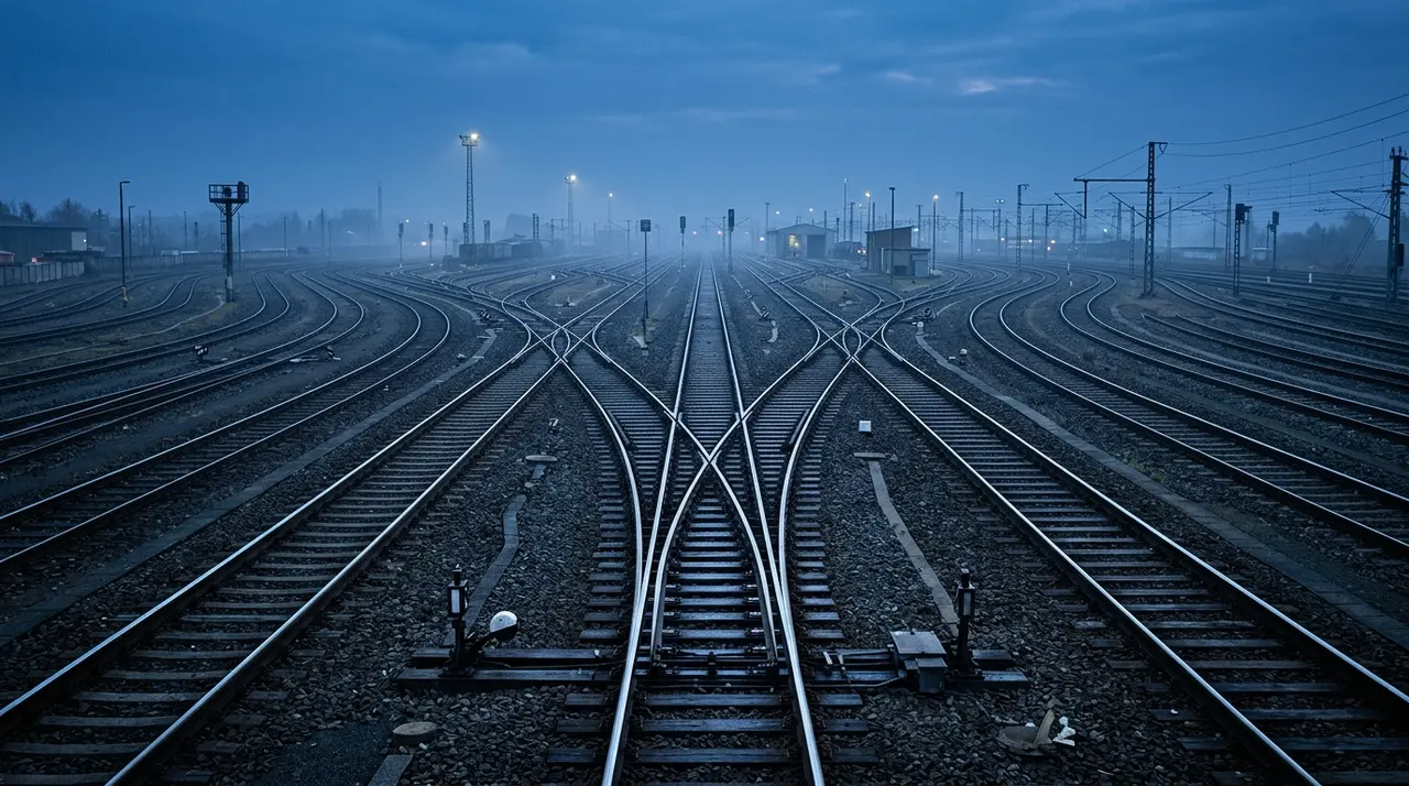 Scambio ferroviario che divide un binario in due percorsi divergenti all ora blu