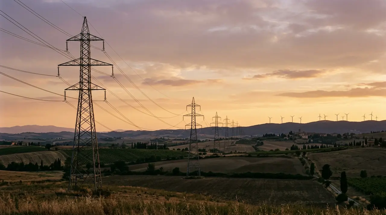 Tralicci dell alta tensione e pale eoliche al tramonto nella campagna italiana