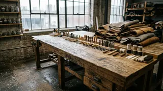 Banco da lavoro artigianale con utensili e pellami, i mestieri al centro della Kering Accademia per le Eccellenze