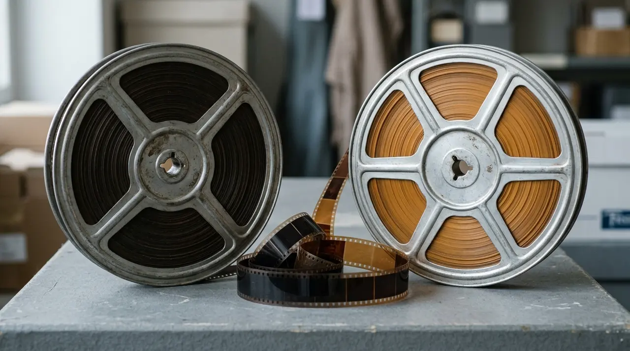Due bobine di pellicola 35mm, una scura e una imbibita in ambra, gli elementi superstiti de L'arzigogolo