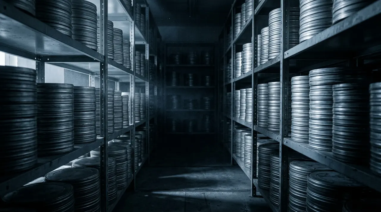 Caveau d'archivio con pile di scatole di pellicola prive di etichetta, i film non identificati di Sine Nomine